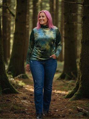 Velvet Animal-Print Turtleneck Top - Green